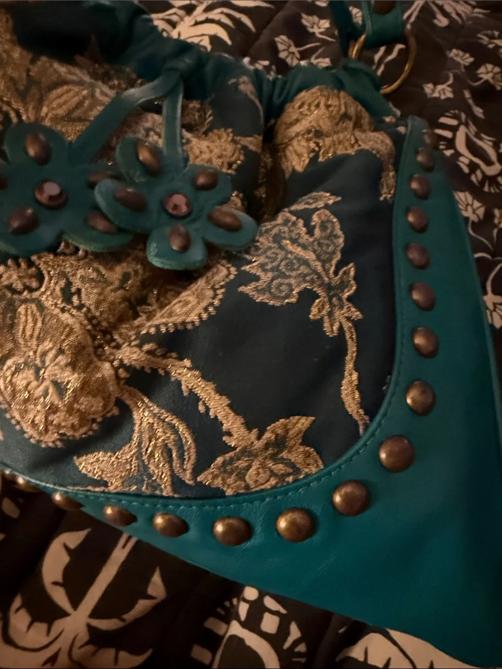 Isabella Fiore Teal Shoulder Bag with Gold Brocade